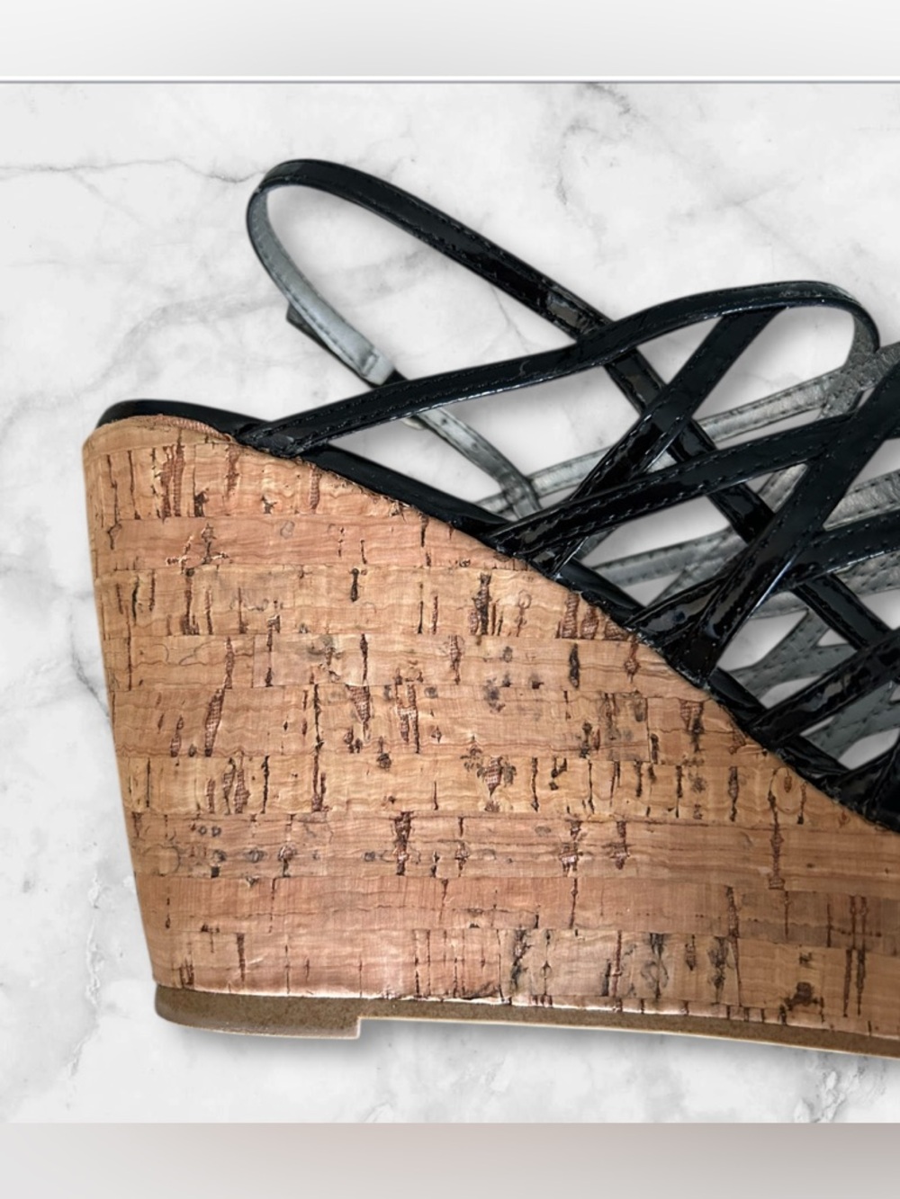 Rampage Black Patent Strappy Wedge Sandals Cork Platform Heel Size 8 Y2K - Picture 5 of 10